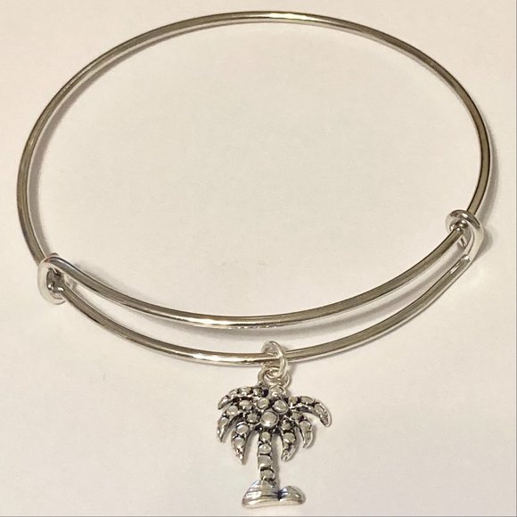 Coconut Palm Tree Charm Bracelet Beach Island Adjustable Silver Plated Wire - Picture 5 of 9